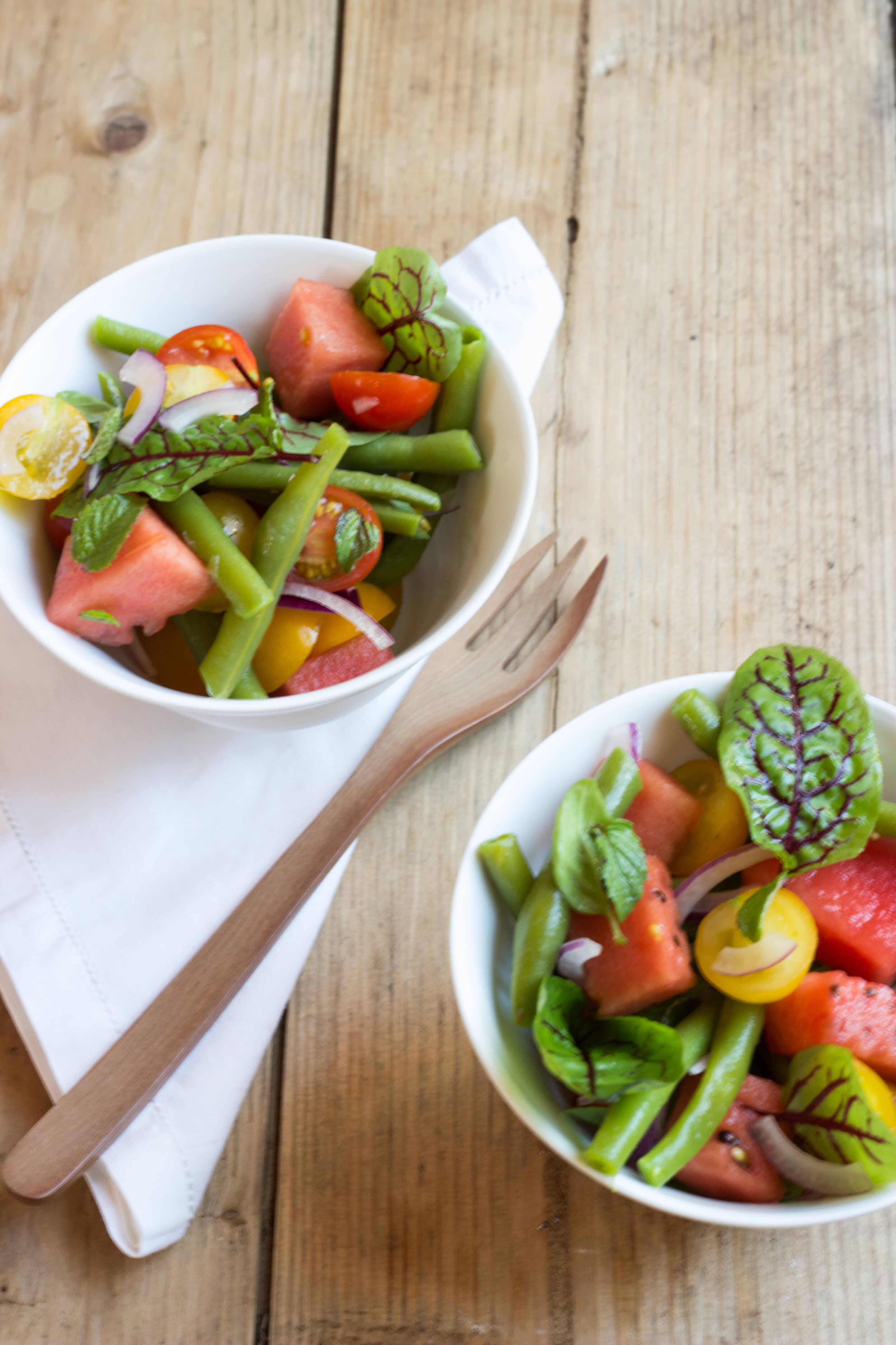 BohnenSalat mit Melone, Tomaten und Minze oder Rezepte